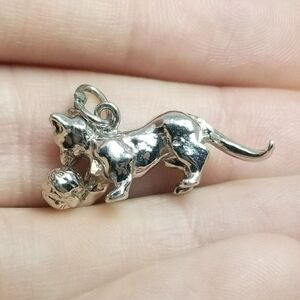 Vintage Cat Kitten Play with Ball Charm Pendant, Silver Tone, Estate